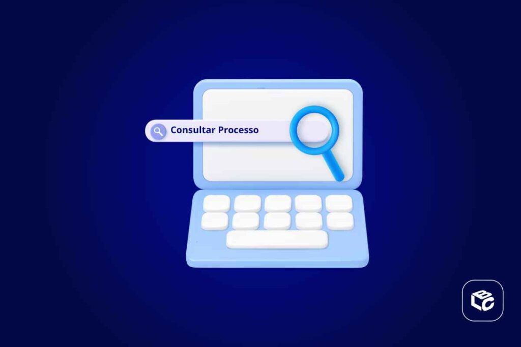 Ilustração de um computador com lupa sobre a tela e a expressão “Consultar Processo”, representando pesquisa, acompanhamento e consulta de processos online.
